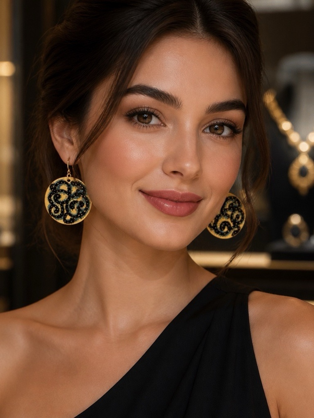 Chic Style Hand Designed Elegant Black and Gold Filigree Disc Earrings